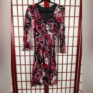 Y2K Groovy Romantic Geometric Pink Red Long Sleeve Fairy Knee Length Dress